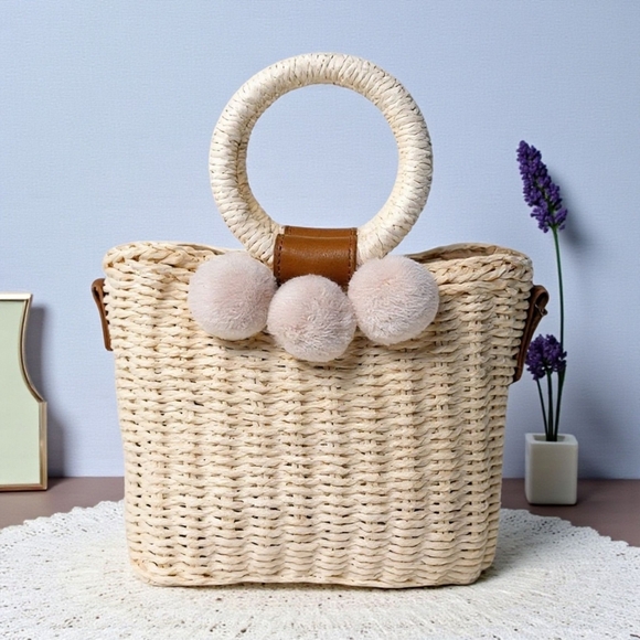 Chic Pom-Pom Straw Bucket Bag – Your Year-Round Trendy In-Style Companion 🌸 - Picture 6 of 13